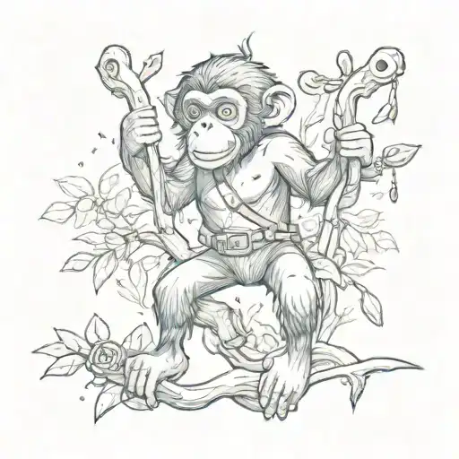 A junk monkey swinging from tree branches with hunting gear hanging from its belt tattoo design idea