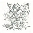 A junk monkey swinging from tree branches with hunting gear hanging from its belt tattoo design idea