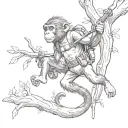A junk monkey swinging from tree branches with hunting gear hanging from its belt tattoo design idea