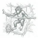 A junk monkey swinging from tree branches with hunting gear hanging from its belt tattoo design idea