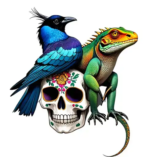 Spiny tailed iguana sitting on a mexican sugar skull with a grackle tattoo design idea