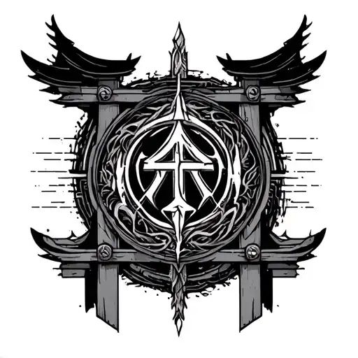 Japanese torri gate with ancient Norse tiwaz rune in the middle tattoo design idea