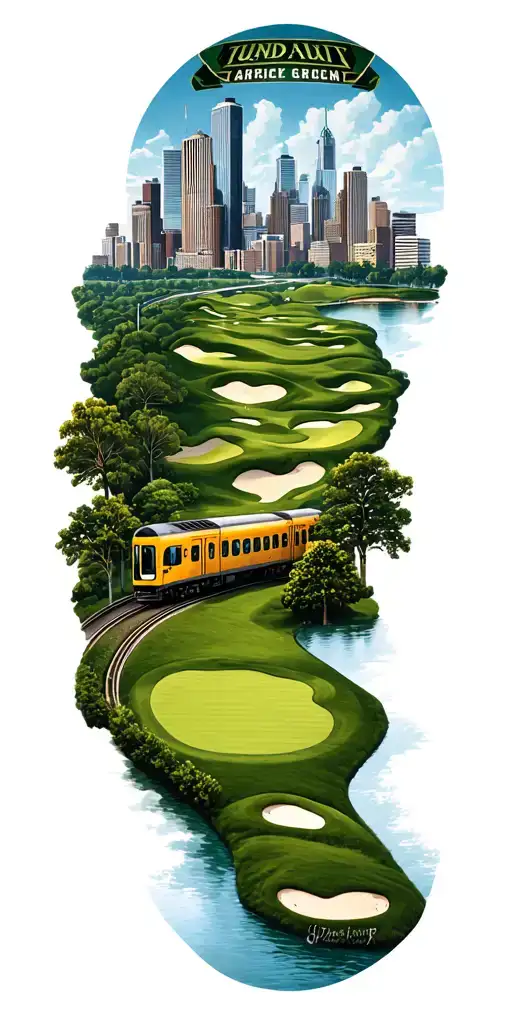 golf course in with subway train in skyline tattoo design idea