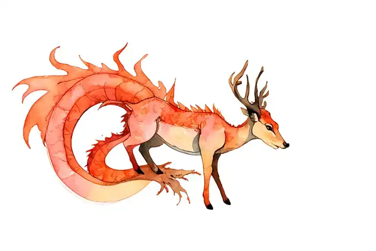 water dragon haku wrapping around leg to look down at the forest spirit deer standing on its tail tattoo design idea