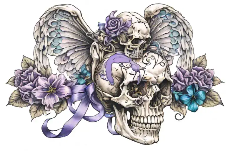 Angel holding a skull with purple and teal ribbons surrounded by flowers and butterflies tattoo design idea