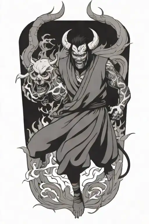 anime character full body wearing a oni mask fighting off inner demons with minimal black areas tattoo design idea