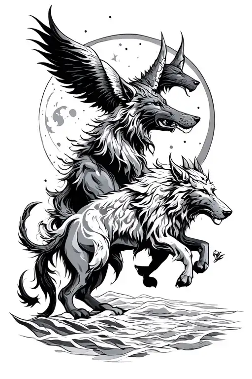 norse tribal skoll and hati chasing the sun and moon tattoo design idea