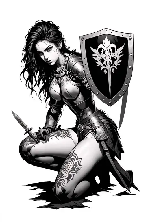 woman warrior kneeling holding sheild with sword in ground with head armour tattoo design idea