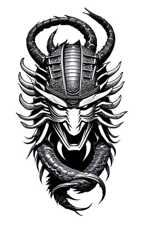 Asian scorpiokt with samurai mask half sleeve tattoo design idea