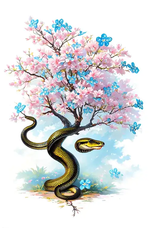Cherry blossom tree, with forget-me-nots in it and a snake wrapped around it as the branch tattoo design idea