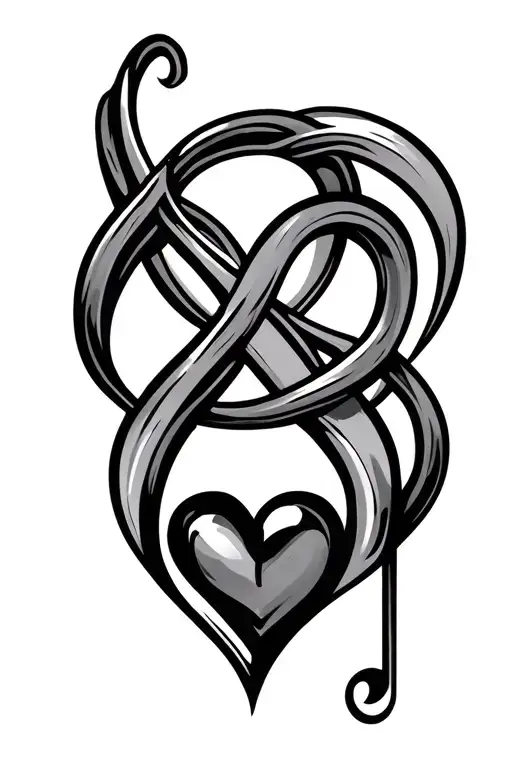 Create an image for a tattoo that has an elaborate infinity symbol with a heart below it made from a bass and treble cle tattoo design idea