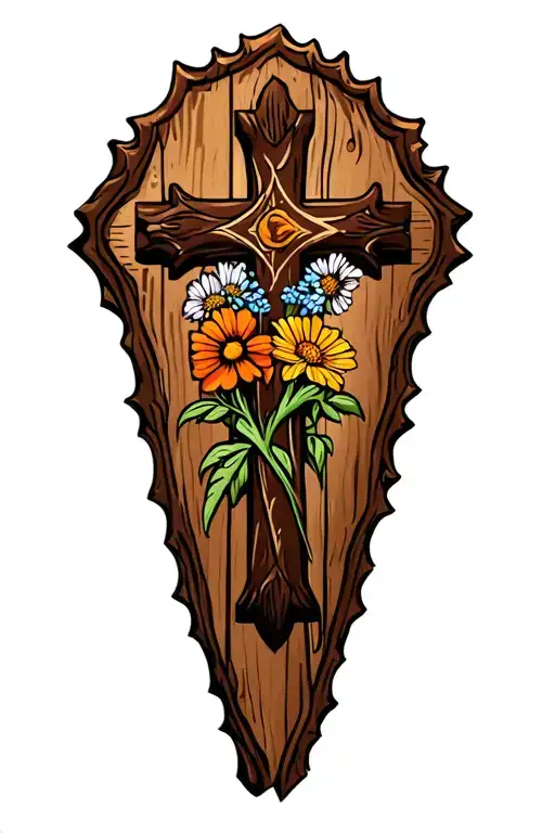 rustic wooden cross with wildflowers at the base tattoo design idea