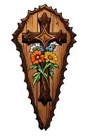 rustic wooden cross with wildflowers at the base tattoo design idea