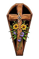 rustic wooden cross with wildflowers at the base tattoo design idea