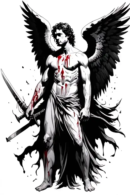guardian angel after the battle, man, face not visible, spread wings, scars, wounds and blood on the body, weapon in hands tattoo design idea