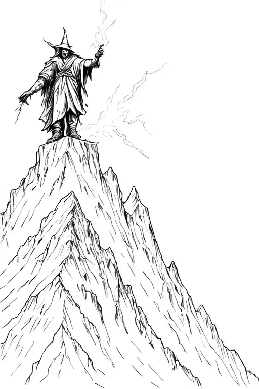 Dark fantasy wizard on mountain peak with lighting coming out of his fingers tattoo design idea