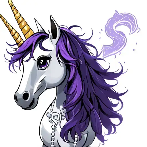 cartoon full body white unicorn with purple hair wearing a white rosary tattoo design idea