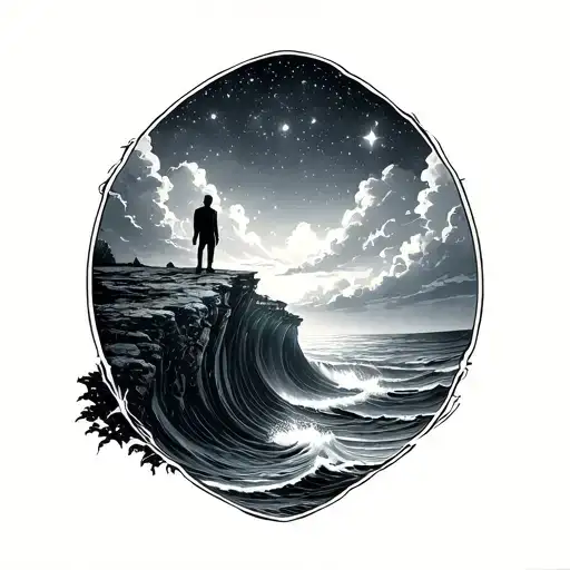 standing on cliffs looking out over waves with a sky full of stars tattoo design idea