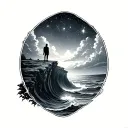 standing on cliffs looking out over waves with a sky full of stars tattoo design idea