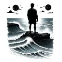 standing on cliffs looking out over waves with a sky full of stars tattoo design idea