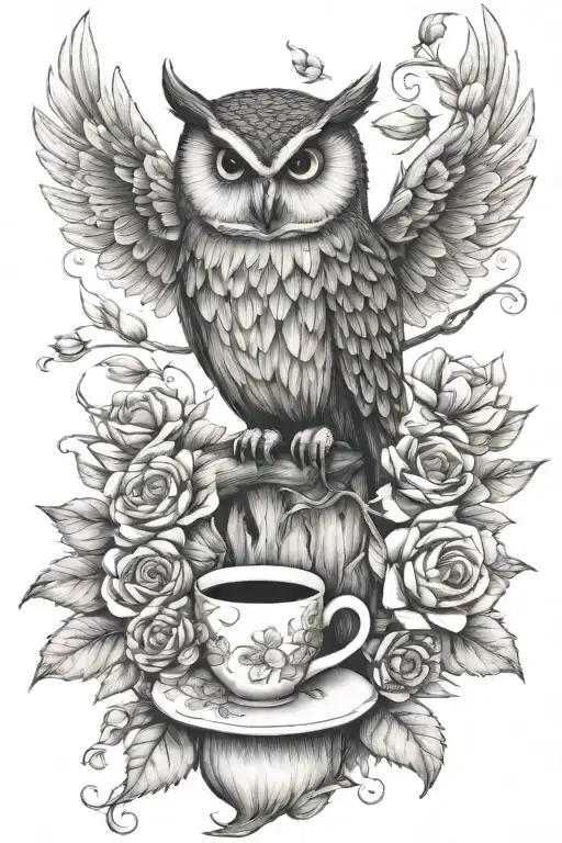 owl, coffee cup, tree, flowers tattoo design idea