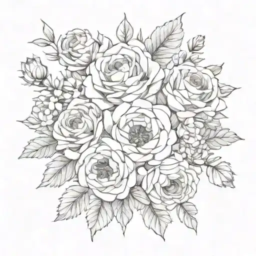 rose, carnation, chrysanthemum bouquet fine line tattoo design idea
