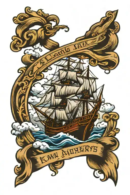 Galleon Ship bow 3/4  clouds, rough sea waves tattoo design idea