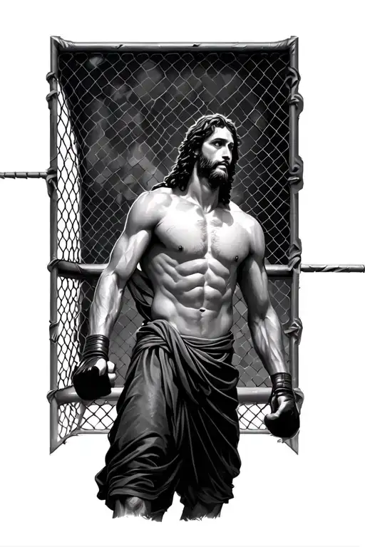 A boy entering a MMA cage, I want this Jesus to look at him, a little further away tattoo design idea