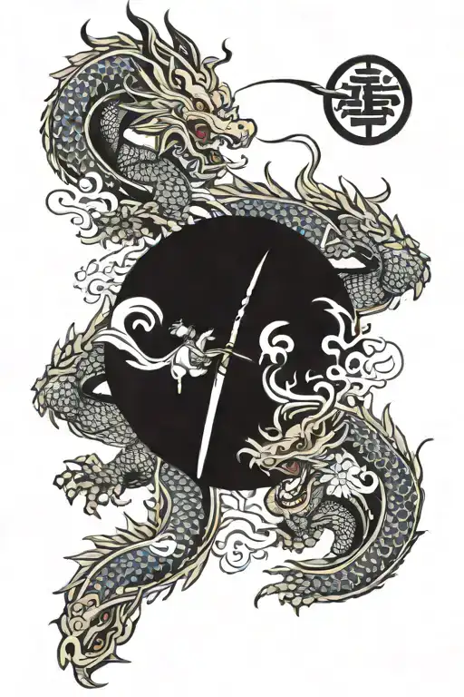 japan warrior and japan dragon flying tattoo design idea