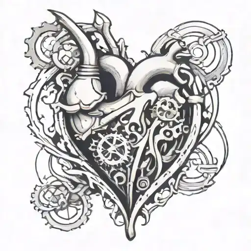 heart with mechanics on bottom and rips through skin   tattoo design idea