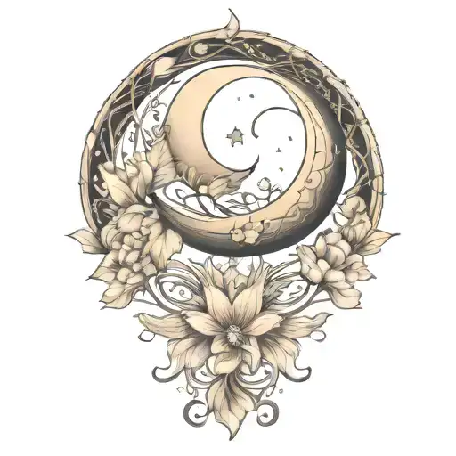 crescent moon, floral, art nouveau  tattoo design idea