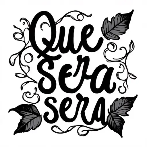 the words que sera sera in cursive but at the beginning and end of the words  a vine comes out with two leafs  tattoo design idea