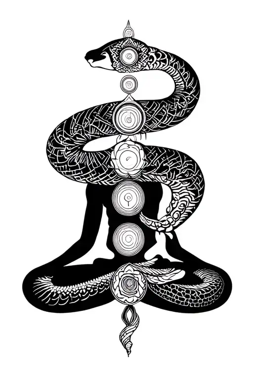 meditro  symbolwith the 7 chakras plus a 3d black and white kundalini snake going from bottom to top . With at the botto tattoo design idea