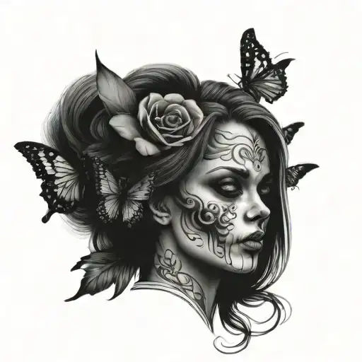 Female with skull and butterfly tattoo design idea