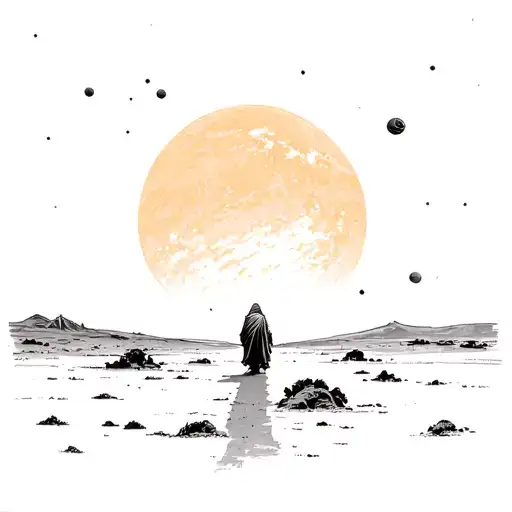 Twin suns of Tatooine setting on a horizon, with a tiny cloaked figure (Kenobi) walking away. Very subtle, almost abstra tattoo design idea