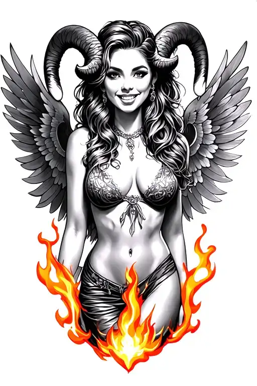 aries zodiac sign sexy woman smiling with wings surrounded fire  tattoo design idea