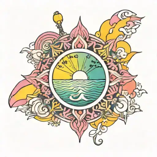 mandala forest and ocean pink and yellow sunrise tattoo design idea