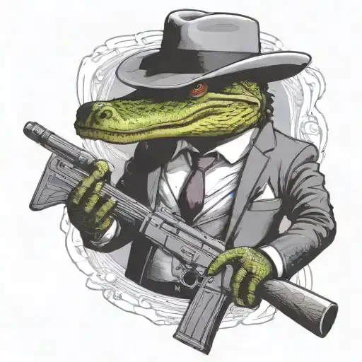 alligator wearing a suit and mafia fedora while holding a shotgun tattoo design idea