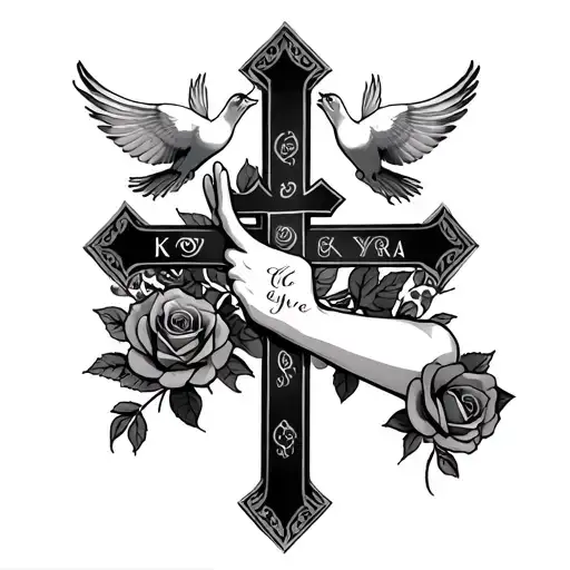 a forearms cross, with a background of roses and two doves above the cross, with my girlfriends name kyra hidden in the  tattoo design idea