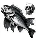 skeleton holding dead fish tattoo design idea