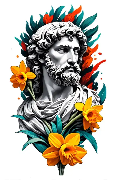 Aristotle Greek Mythology with daffodil the color accent can be aquamarine and touches of red and orange tattoo design idea