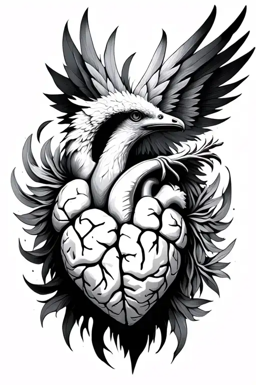Phoenix, anatomical heart, anatomical brain, seedling, offspring, everything combined with fine lines and geometric tattoo design idea