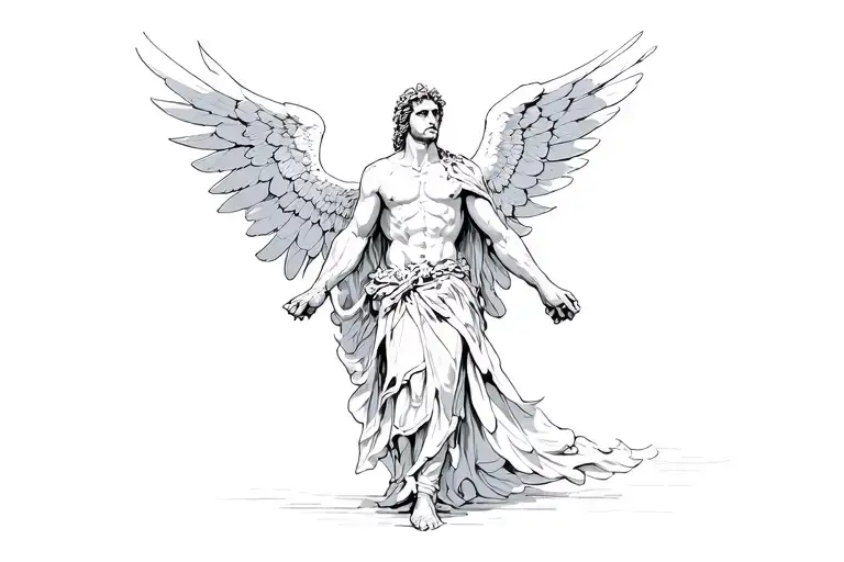 Archangel Michael with spread wings straight on view aggressive tattoo design idea