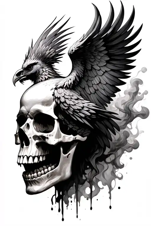 phoenix rising out of a human skull turned slighly to the side with a smokey background. not a lot of detail tattoo design idea
