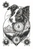 border collie portrait with compass and mountain scene tattoo design idea