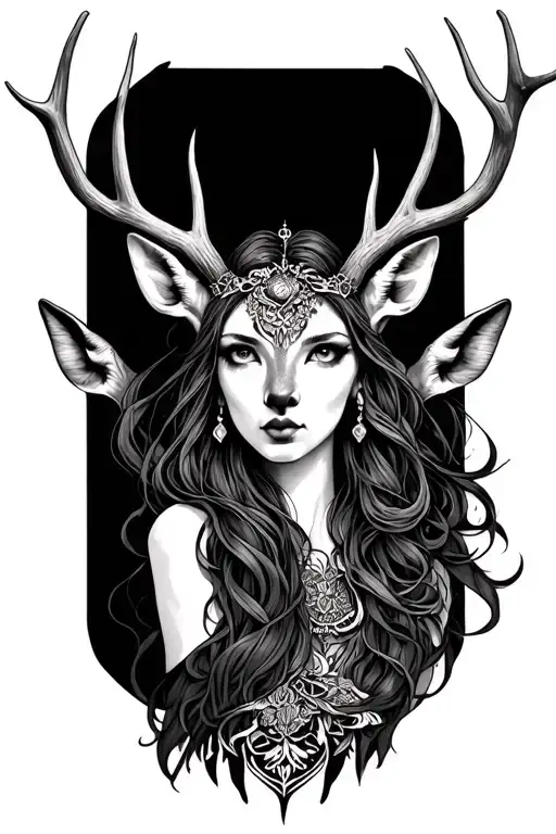 ametrius goddess with deer antler face  tattoo design idea