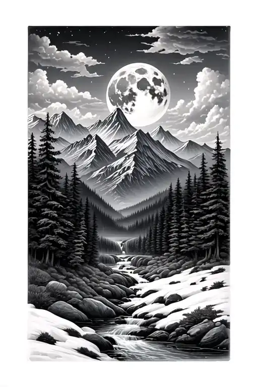 A full moon high above a forest and mountain range with a stream flowing tattoo design idea