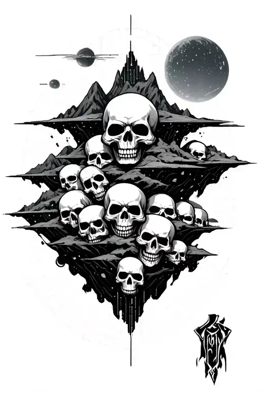 pile of skulls that turn into mountains with a floating dojo and a cyber grid sky that fades into outer space all see ey tattoo design idea