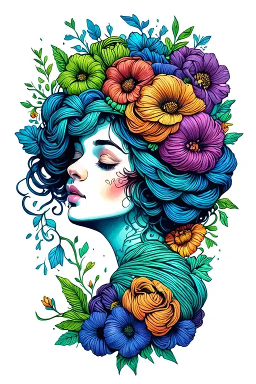 side profile of female face with yarn exploding from top of head surrounded by flowers, predominantly blue and green. tattoo design idea