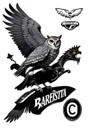 full sleeve tattoo that contains " owl, eminem name, bike, a dodge demon, a barista sign,and a c tattoo design idea